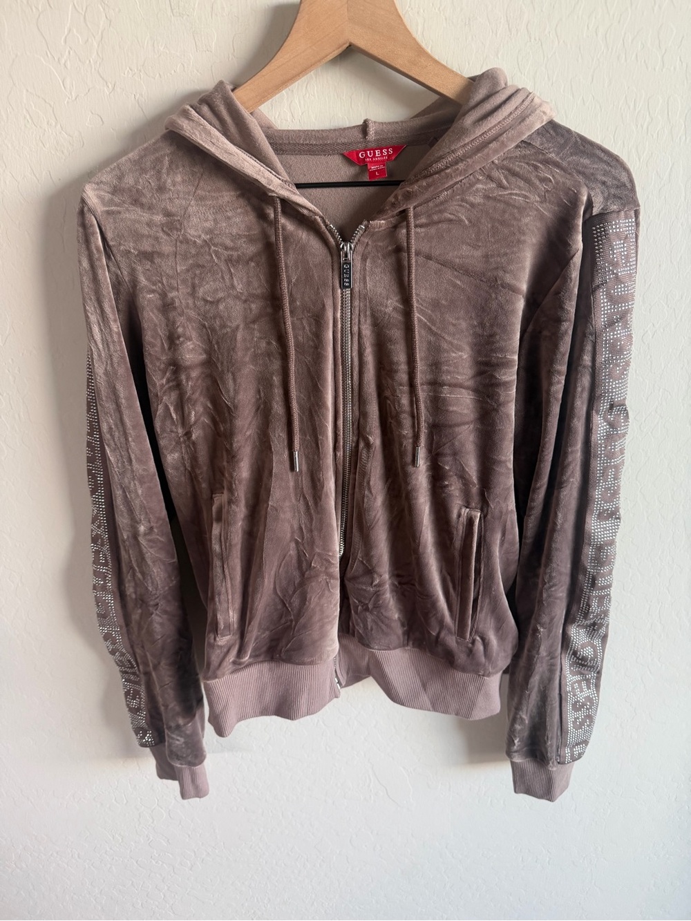 GUESS Taupe Velour Bomber Jacket Rhinestone Sleeve Trim Womens L Y2K 90s Cozy